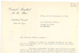 [Carta] 1952 nov. 26, Praga, [Checoeslovaquia] [a la] Sra. Gabriela Mistral, Cónsul de Chile en Nápoles, [Italia]