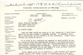 [Carta] 1947 feb. 5, 1734 F Street, N. W., Washington 6, D. C., [EE.UU.] [a la] Srita. Gabriela Mistral, 1305 Buena Vista Ave., Monrovia, California, [EE.UU.]