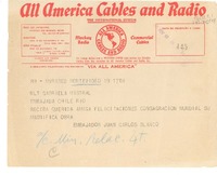 [Telegrama] 1945 nov. 18, Montevideo, [Uruguay] [a] Gabriela Mistral, , Embajada de Chile [en] Rio [de Janeiro, Brasil]