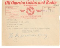 [Telegrama] 1945 nov. 16, Santiago, Chile [a] Gabriela Mistral, Embajada de Chile [en] Rio [de Janeiro, Brasil]