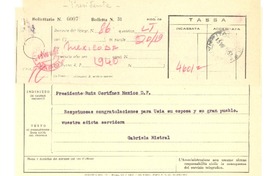 [Telegrama] 1952 jul. 15, [Italia] [a] Presidente Ruíz Cortínez, México D.F., [México]