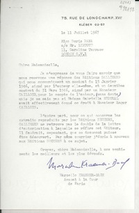 [Carta] 1967 juil. 11, 75, Rue de Longchamp XVI, Kléber 02-57, [Paris], [France] [a] Miss Doris Dana, co Mr. Lintott, 11 Caroline Terrace, London S.W. 1, [England]