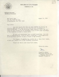 [Carta] 1969 Aug. 11, [Washington D. C., Estados Unidos] [a] Miss Doris Dana, Box 784, Hildreth Lane, Bridgehampton, New York