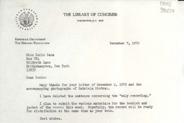 [Carta] 1970 Dec. 7, [Washington D. C., Estados Unidos] [a] Miss Doris Dana, Box 784, Hildreth Lane, Bridgehampton, New York