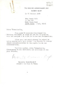 [Carta] 1968 juil. 20, Paris, [Francia] [a] Miss Doris Dana P. Box 284, Hack Green Road, Pound Ridge, N. Y.