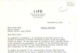 [Carta] 1953 Sept. 4, Life, Time & Life Building, Rockefeller Center, New York 20, [EE.UU.] [a] Miss Doris Dana, Spruce Street, Roslyn Harbor, Long Island, New York, [EE.UU.]