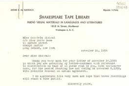 [Carta] 1954 Nov. 22, Washington D. C., [Estados Unidos] [a] Miss Gabriela Mistral, 15 Spruce Street, Roslyn Harbor, Long Island, New York