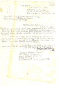 [Carta] 1950 mayo 2, La Plata, Catedral de La Plata, Calle 15 entre 51 y 52, Prov. de Bs. As. Rep. Argentina [a la] Sra. Gabriela Mistral (Lucila Godoy), Embajada en México, Distrito Federal, México