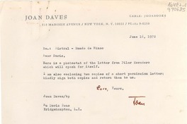 [Carta] 1972 June 16, 515 Madison Avenue, New York, N. Y. 10022, [EE.UU.] [a] Ms Doris Dana, Bridgehampton, L. I., [EE.UU.]