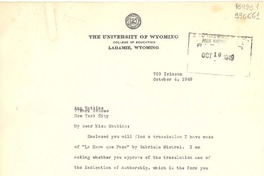 [Carta] 1949 Oct. 4, [Laramie, Wyoming, Estados Unidos] [a] Ann Watkins, 77 Park Avenue, New York City