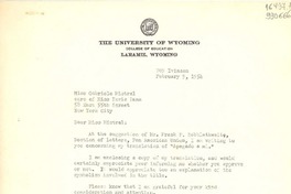 [Carta] 1954 Feb. 9, [Laramie, Wyoming, Estados Unidos] [a] Miss Gabriela Mistral, New York City