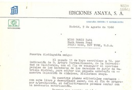 [Carta] 1966 ago. 9, Madrid, [España] [a] Miss Doris Dana, Hach Green Road, Pound Rige, New York
