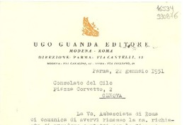 [Carta] 1951 genn. 22, Parma, [Italia] [a] Consolato del Cile, Piazza Corvetto 2, Genova