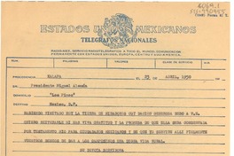 [Telegrama] 1950 abr. 23, Xalapa, Ver., [México] [a] presidente Miguel Alemán, "Los Pinos", México D.F., [México]