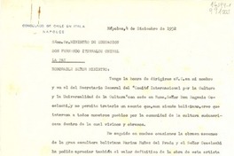 [Carta] 1952 dic. 4, Consulado de Chile, Via Tasso 220, Nápoles, Italia [al] Excmo. Sr. Ministro de Educación Don Fernando Iturralde Chinel, La Paz, [Bolivia]