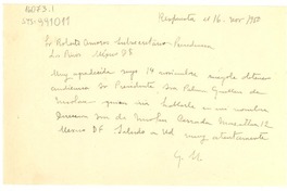 [Telegrama] 1950 nov. 16, Veracruz, Ver., [México] [a] Ministro Relaciones, Moneda, Santiago, Chile