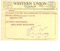 [Telegrama] 1957 jan. 7, Montevideo, [Uruguay] [a] Gabriela Mistral, Hempstead General Hospital, New York, [Estados Unidos]