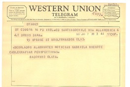 [Telegrama] 1957 jan. 7, Santiago, Chile [a] Doris Dana, New York, [Estados Unidos]