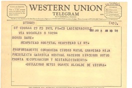 [Telegrama] 1957 jan. 7, La Serena, Chile [a] Doris Dana, Hempstead Hospital, New York, [Estados Unidos]