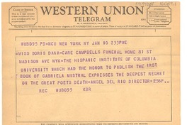 [Telegrama] 1957 jan. 10, New York, [Estados Unidos] [a] Doris Dana, New York, [Estados Unidos]