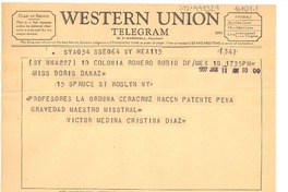 [Telegrama] 1957 jan. 11, México DF, México [a] Doris Dana, New York, [Estados Unidos]