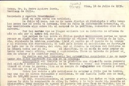 [Carta] 1939 jul. 14, Niza, [Francia] [al] Excmo. Sr. D. Pedro Aguirre Cerda, Santiago de Chile
