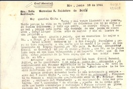 [Carta] 1944 jun. 20, Rio, [Brasil] [a la] Sra. Doña Mercedes G. Huidobro de Dublé, Santiago, [Chile]