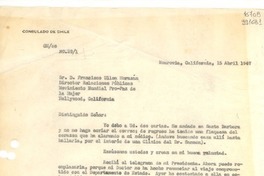 [Carta] 1947 abr. 15, Monrovia, California, [Estados Unidos] [a] Sr. D. Francisco Ulloa Morazán, Director Relaciones Públicas, Movimiento Mundial Pro-Paz de la Mujer, Hollywood, California