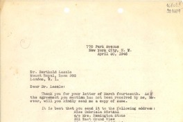 [Carta] 1946 Apr. 30, New York, [Estados Unidos] [a] Dr. Berthold Laszlo, Mount Royal, Room 392, London