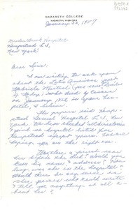 [Carta] 1957 Jan. 22, Nazareth, Michigan, [EE.UU.] [al] Meadow Brook Hospital, Hempstead, L. A., New York, [EE.UU.]