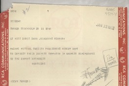 [Telegrama] 1957 Jan. 12, Stockholm, [Sweden] [a] Miss Doris Dana, Jodabooks, New York, [EE.UU.]