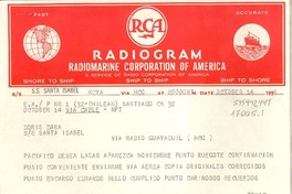 [Telegrama] 1954 oct. 14, Santiago, Chile [a] Doris Dana