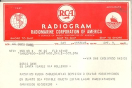 [Telegrama] 1954 oct. 9, Santiago, Chile [a] Doris Dana