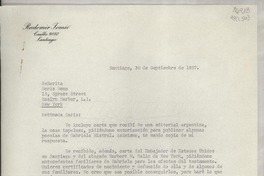 [Carta] 1957 sept. 30, Santiago, [Chile] [a la] Señorita Doris Dana, 15, Spruce Street, Roslyn Harbor, L.I., New York, [EE.UU.]
