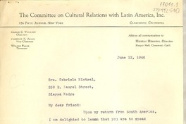 [Carta] 1946 jun. 12, [California, Estados Unidos] [a] Gabriela Mistral, Sierra Madre, [California, Estados Unidos]