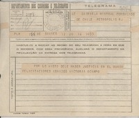 [Telegrama] 1945 nov. 16, BAires, [Argentina] [a] Gabriela Mistral, Consulado de Chile, Petrópolis, RJ, [Brasil]