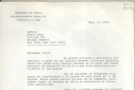 [Carta] 1978 mayo 12, [Washington D. C., Estados Unidos] [a] Señora Doris Dana, Box 784, Bridge Hampton, New York