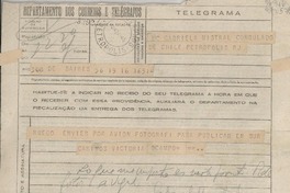 [Telegrama] 1945 nov. 16, BAires, [Argentina] [a] Gabriela Mistral, Consulado de Chile, Petrópolis, RJ, [Brasil]