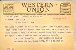 [Telegrama] 1948 jan. 20, Los Angeles, California, [Estados Unidos] [a] Gabriela Mistral, [California, Estados Unidos]