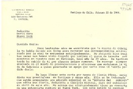 [Carta] 1984 feb. 22, Las Torcazas 246, Santiago, Chile [a la] Señorita Doris Dana, Nueva York, [EE.UU.]