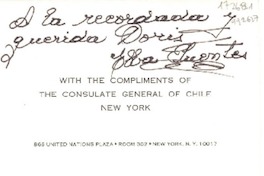 [Tarjeta] New York, [EE.UU.] [a la] Recordada y querida Doris
