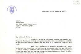 [Carta] 1993 ene. 27, Santiago, [Chile] [a la] Señora Doris Dana, 600 Gulf Shore, Blvd. North Naples, Florida 33940, U.S.A