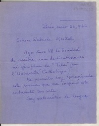 [Carta] 1946 ene. 23, París, [Francia] [a] Gabriela Mistral