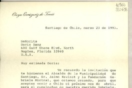 [Carta] 1993 mar. 23, Santiago de Chile [a] Señorita Doris Dana, 600 Gulf Shore Blvd. North Naples, Florida, USA
