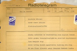 [Telegrama] 1945 nov 23, Rio de Janeiro, [Brasil] [a] Gabriela Mistral, a bordo del Ecuador rumbo a Suecia