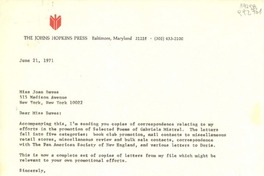 [Carta] 1971 June 21, The Johns Hopkins Press, Baltimore, Maryland 21218, [EE.UU.] [a] Miss Joan Daves, 515 Madison Avenue, New York, New York 10022, [EE.UU.]