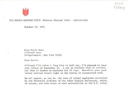[Carta] 1971 Oct. 19, The Johns Hopkins Press, Baltimore, Maryland 21218, [EE.UU.] [a] Miss Doris Dana, Hildreth Lane, Bridgehampton, New York 11932, [EE.UU.]