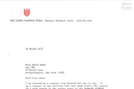 [Carta] 1972 Mar. 16, The Johns Hopkins Press, Baltimore, Maryland 21218, [EE.UU.] [a] Miss Doris Dana, Box 784, Hildreth Lane, Bridgehampton, New York 11932, [EE.UU.]