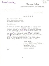 [Carta] 1972 Mar. 10, Columbia University, New York, [Estados Unidos] [a] The Johns Hopkins Press, Baltimore, Maryland