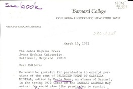 [Carta] 1972 Mar. 10, Columbia University, New York, [Estados Unidos] [a] The Johns Hopkins Press, Baltimore, Maryland